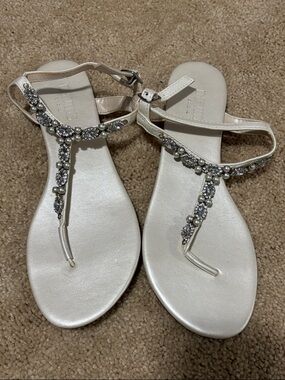 David's Bridal Ivory Jeweled T-Strap Sandals with Pearls